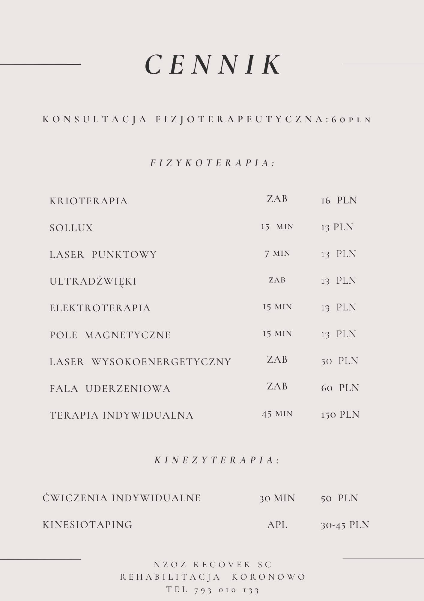 Cennik Fizykoterapia i Kinezyterapia